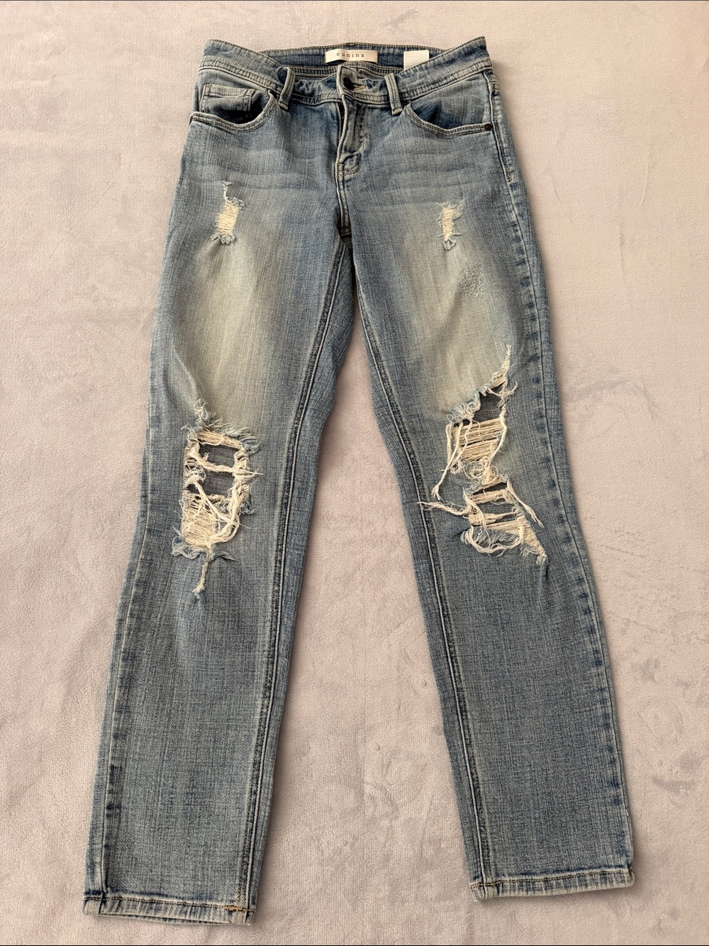 Distressed Light Blue Women's Mid-Rise Relaxed Skinny Jeans- Size 5